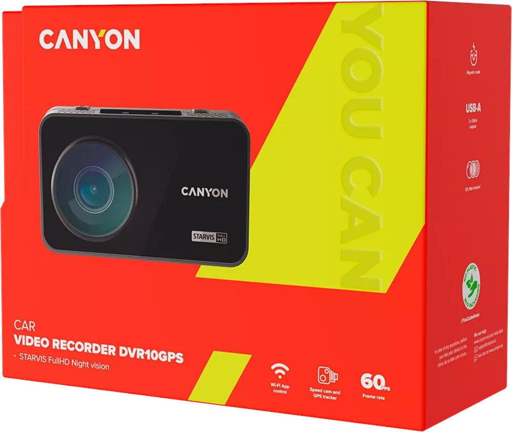 Canyon DVR10GPS, 3.0'' IPS (640x360), FHD 1920x1080@60fps, NTK96675, 2 MP CMOS Sony Starvis IMX307 -kuvakenno, 2 MP kamera, 136° katselukulma, Wi-Fi, GPS, videokameratietokanta, USB Type-C , Superkondensaattori, Pimeänäkö, Liiketunnistin hinta ja tiedot | Kamerat | hobbyhall.fi