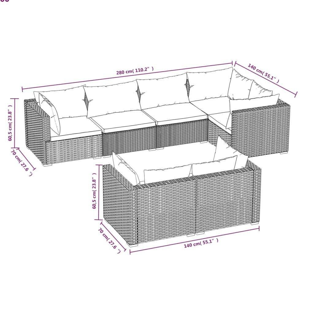 vidaXL 7-osainen Puutarhasohvasarja tyynyillä polyrottinki ruskea hinta ja tiedot | Puutarhakalusteet | hobbyhall.fi