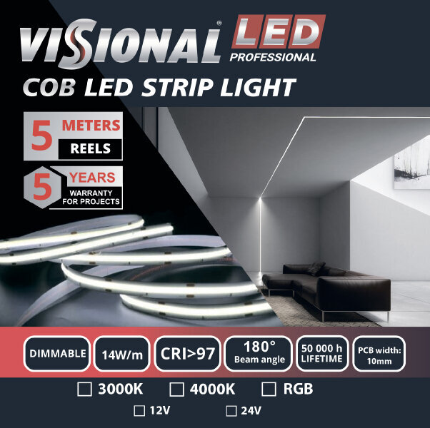LED-nauha COB 12V, 14W/m, RGB, monivärinen, 742 LM m, CRI >97, HIMMENNETTÄVÄ, IP20, VISIONAL PROFESSIONAL, 5m pakkaus, jatkuva LED-nauha ilman pisteitä. hinta ja tiedot | LED-valonauhat | hobbyhall.fi