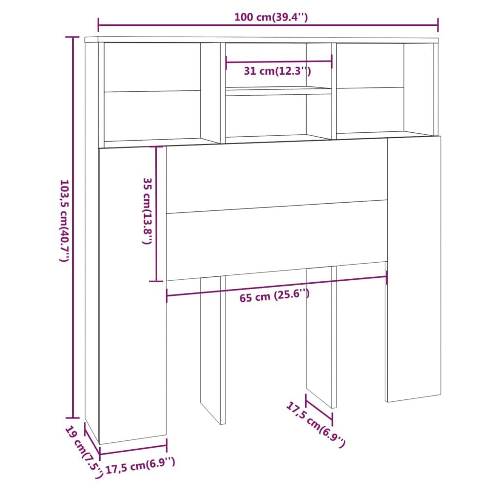 vidaXL Sängynpääty säilytystilalla ruskea tammi 100x19x103,5 cm hinta ja tiedot | Sängyt | hobbyhall.fi