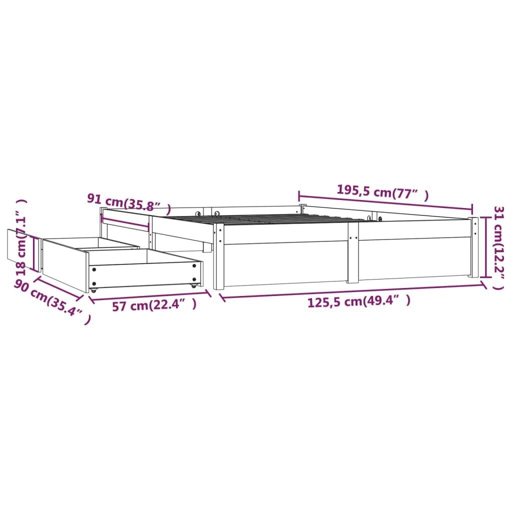 vidaXL Sängynrunko laatikoilla valkoinen 120x190 cm 4FT Small Double hinta ja tiedot | Sängyt | hobbyhall.fi