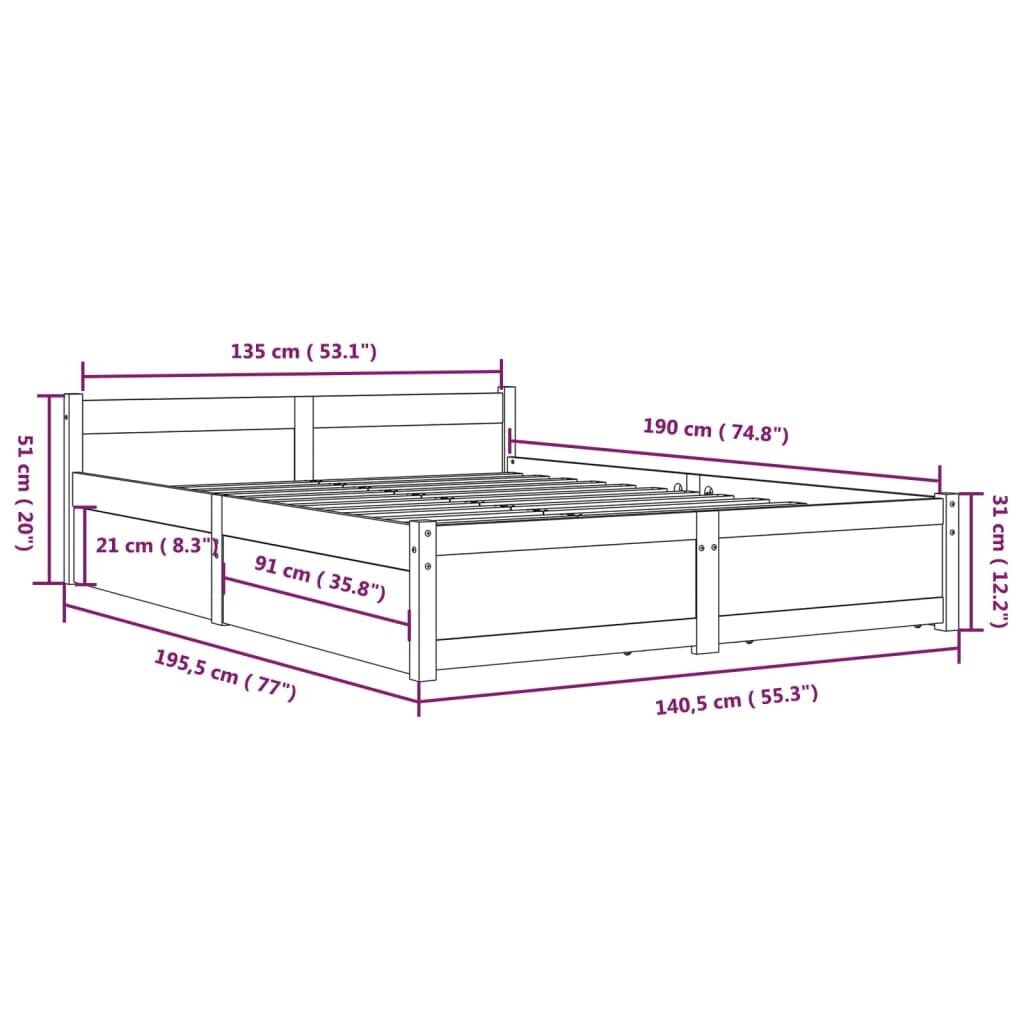 vidaXL Sängynrunko laatikoilla 135x190 cm 4FT6 Double hinta ja tiedot | Sängyt | hobbyhall.fi