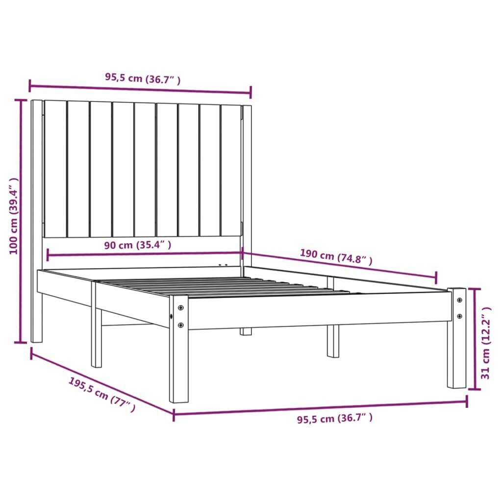 vidaXL Sängynrunko valkoinen täysi mänty 90x190 cm 3FT Single hinta ja tiedot | Sängyt | hobbyhall.fi