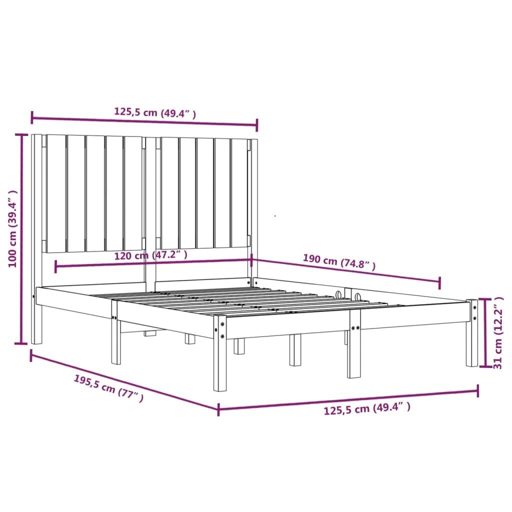 vidaXL Sängynrunko hunajanruskea täysi puu 120x190 cm 4FT Small Double hinta ja tiedot | Sängyt | hobbyhall.fi