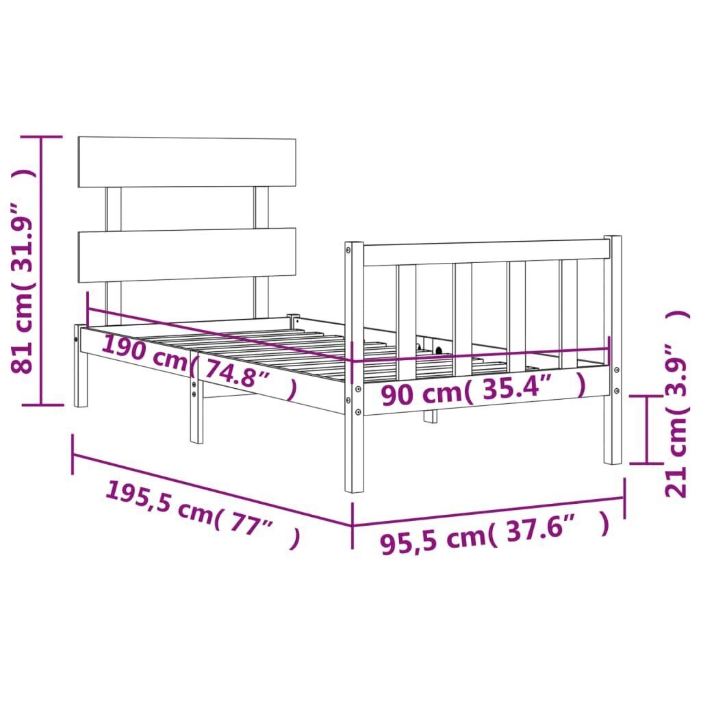 vidaXL Sängynrunko päädyllä 3FT Single täysi puu hinta ja tiedot | Sängyt | hobbyhall.fi