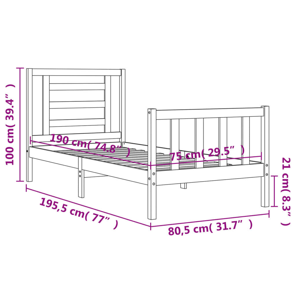 vidaXL Sängynrunko päädyllä 2FT6 Small Single täysi puu hinta ja tiedot | Sängyt | hobbyhall.fi