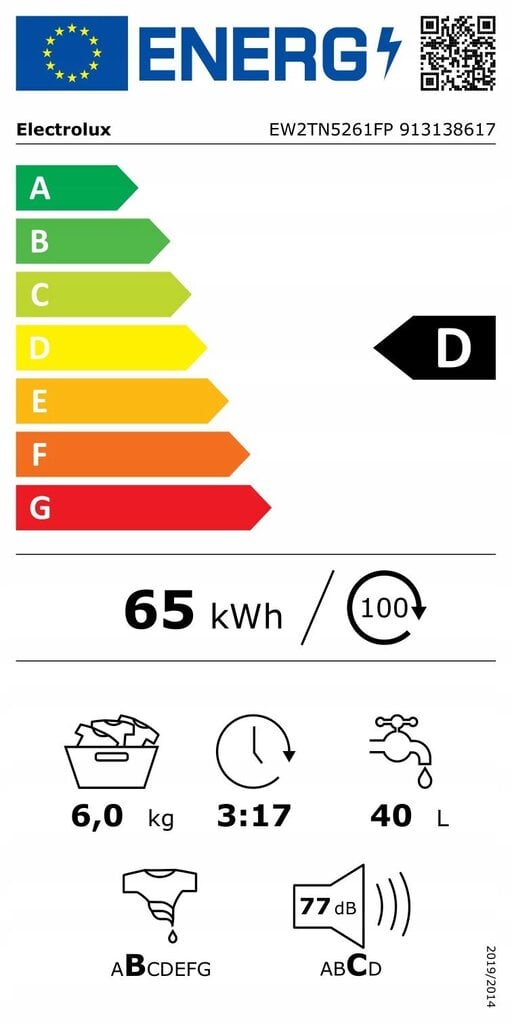 Electrolux EW2TN5261FP Ylhäältä ladattava pesukone 6 kg 1200 rpm valkoinen hinta ja tiedot | Pyykinpesukoneet | hobbyhall.fi