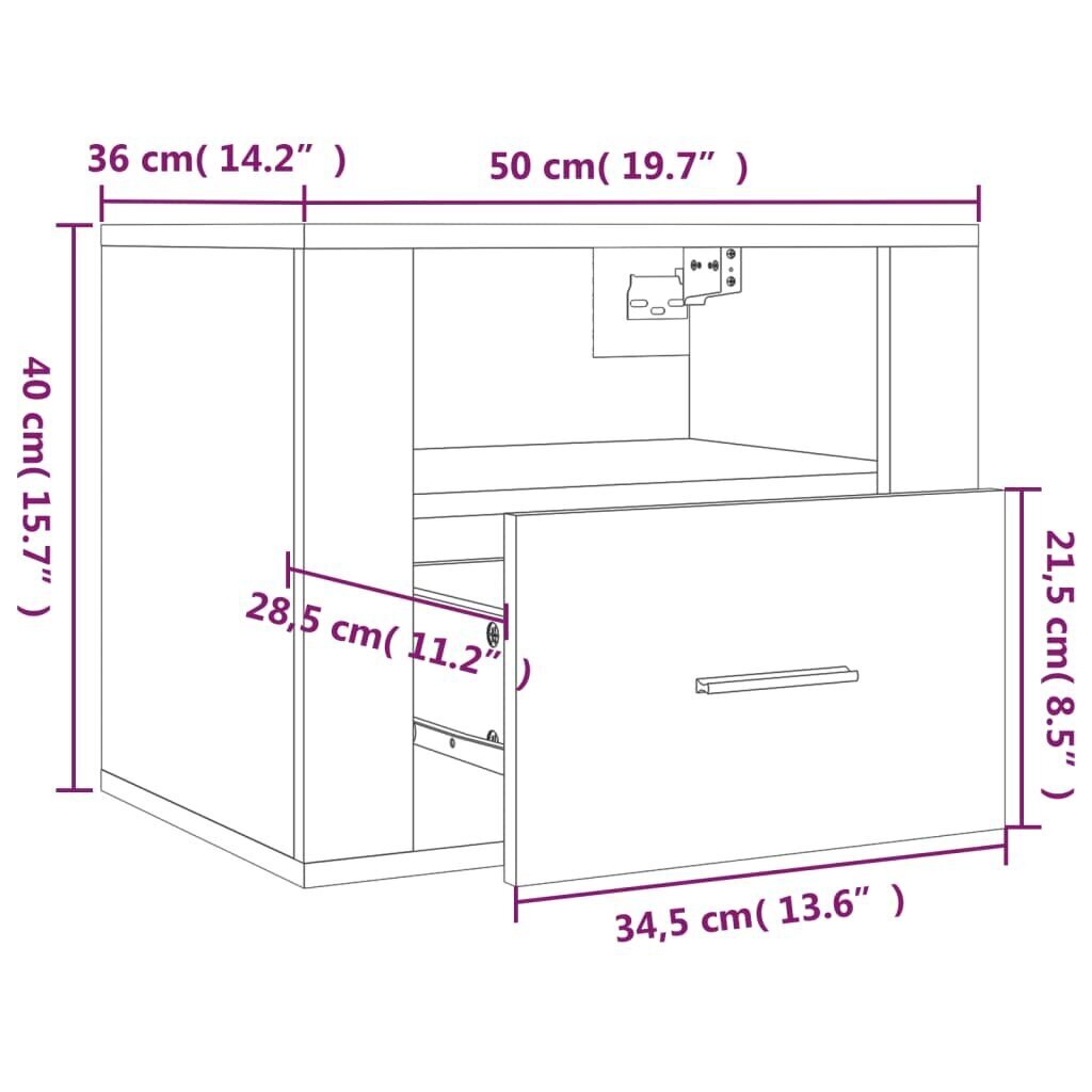 vidaXL Seinäkiinnitettävä yöpöytä Sonoma-tammi 50x36x40 cm hinta ja tiedot | Yöpöydät | hobbyhall.fi