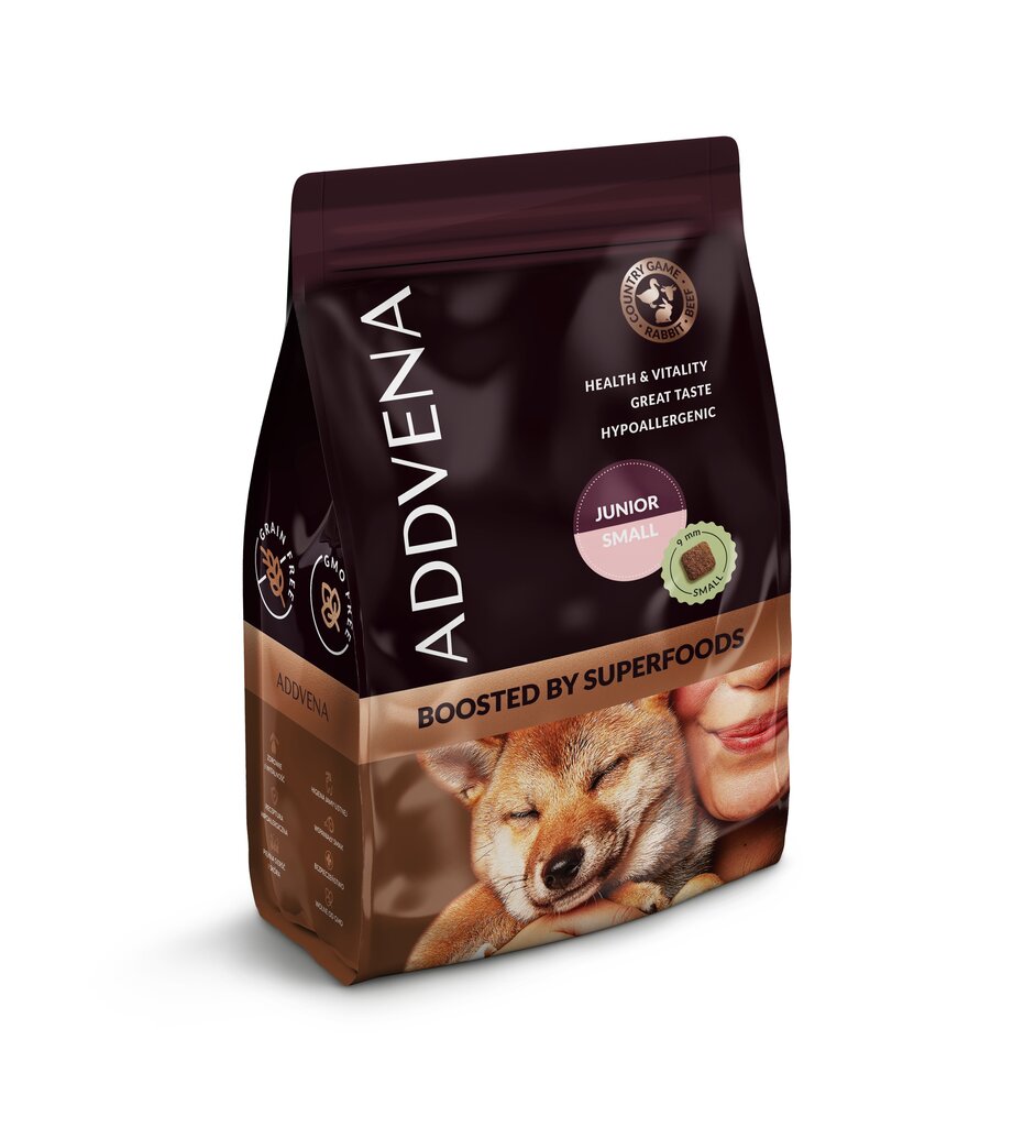 Addvena Boosted by Superfoods pienikokoisille nuorille koirille riistalla, kanilla ja naudanlihalla, 2,5 kg hinta ja tiedot | Koiran kuivaruoka | hobbyhall.fi