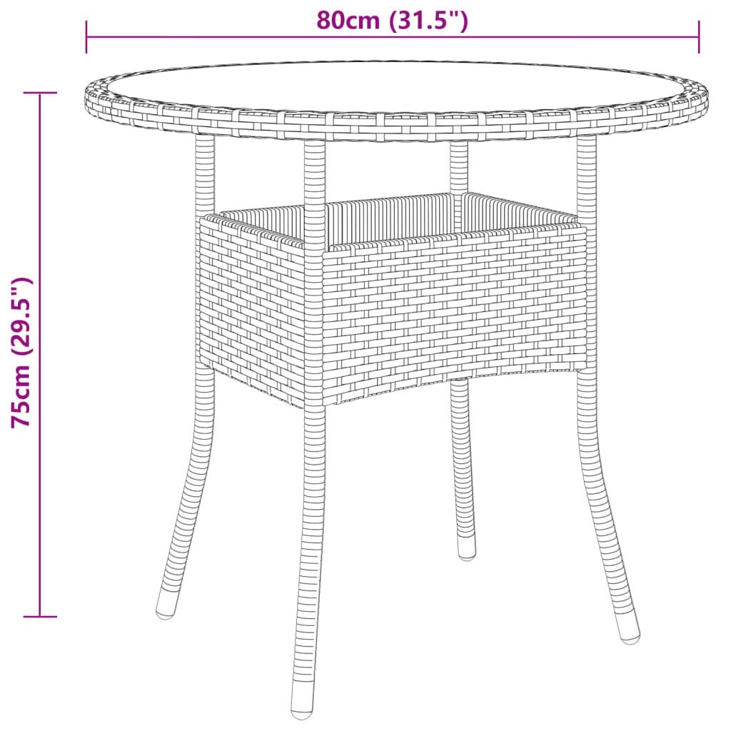 vidaXL Puutarhapöytä Ø80x75 cm karkaistu lasi ja polyrottinki harmaa hinta ja tiedot | Puutarhapöydät | hobbyhall.fi