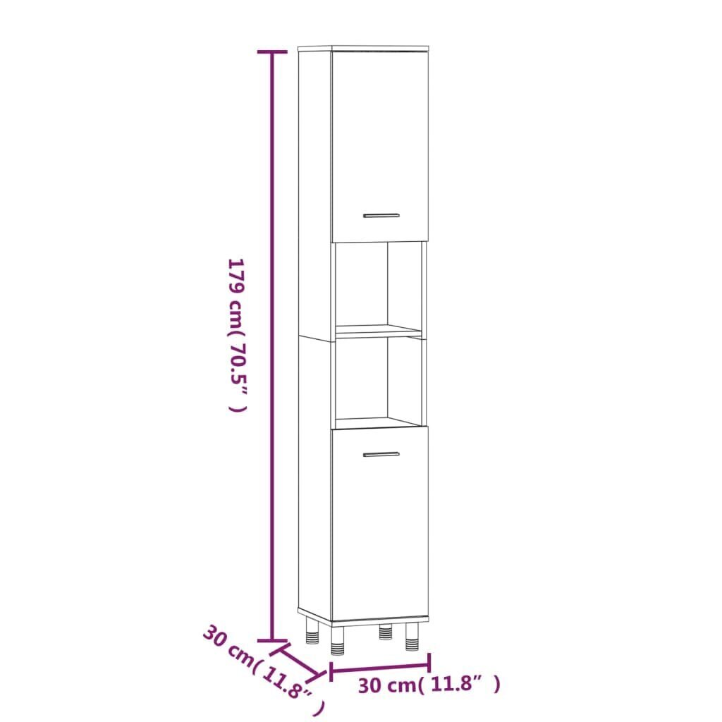 vidaXL Kylpyhuoneen kaappi harmaa Sonoma 30x30x179 cm tekninen puu hinta ja tiedot | Kylpyhuonekaapit | hobbyhall.fi