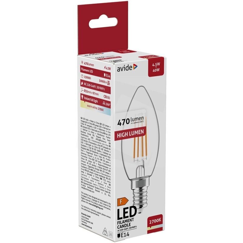 LED-lamppu High Lumen 4,5W B35 E14 2.7K FL Avide hinta ja tiedot | Lamput | hobbyhall.fi