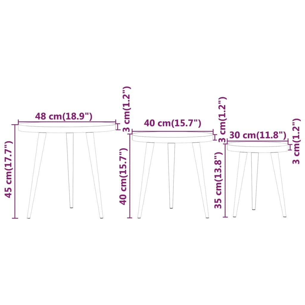 vidaXL 3-osainen Sivupöytäsarja vaaleanruskea MDF ja rauta hinta ja tiedot | Sohvapöydät | hobbyhall.fi