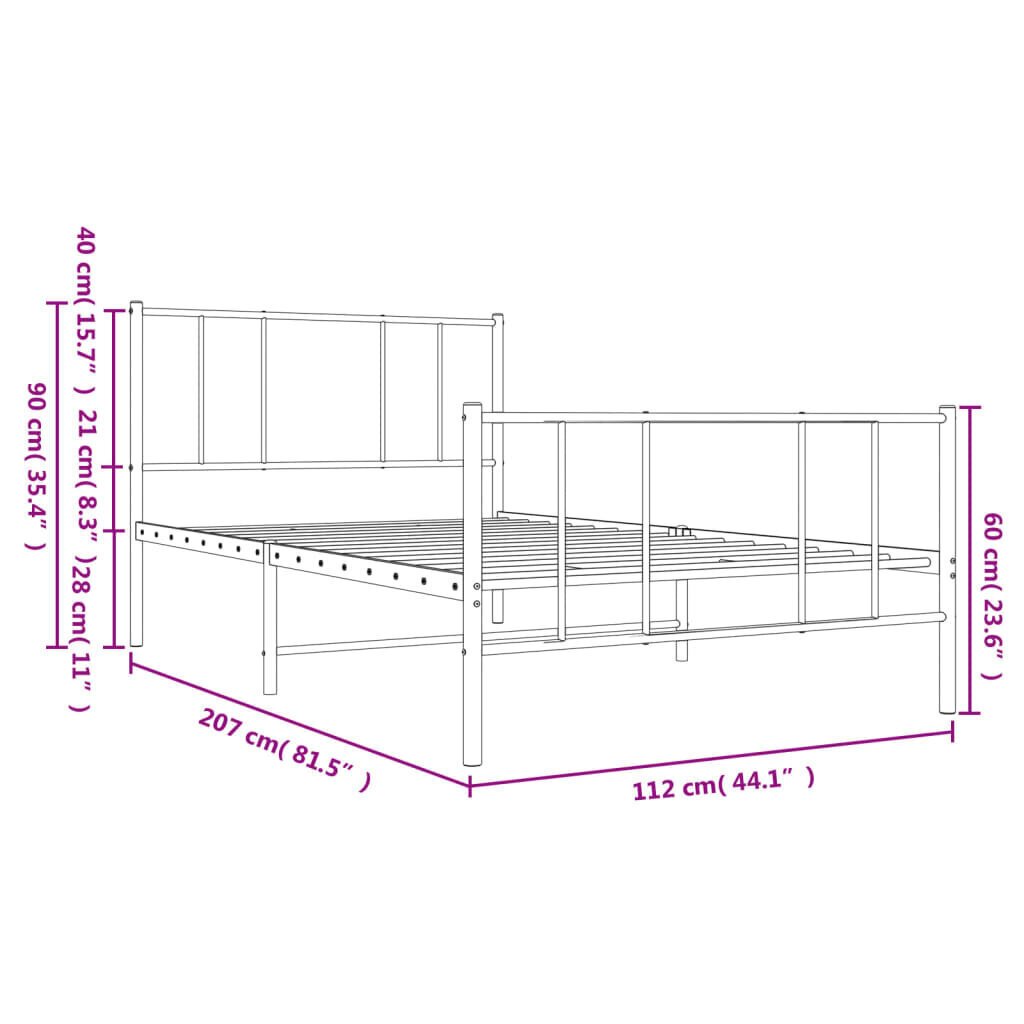 vidaXL Metallinen sängynrunko päädyillä valkoinen 107x203 cm hinta ja tiedot | Sängyt | hobbyhall.fi