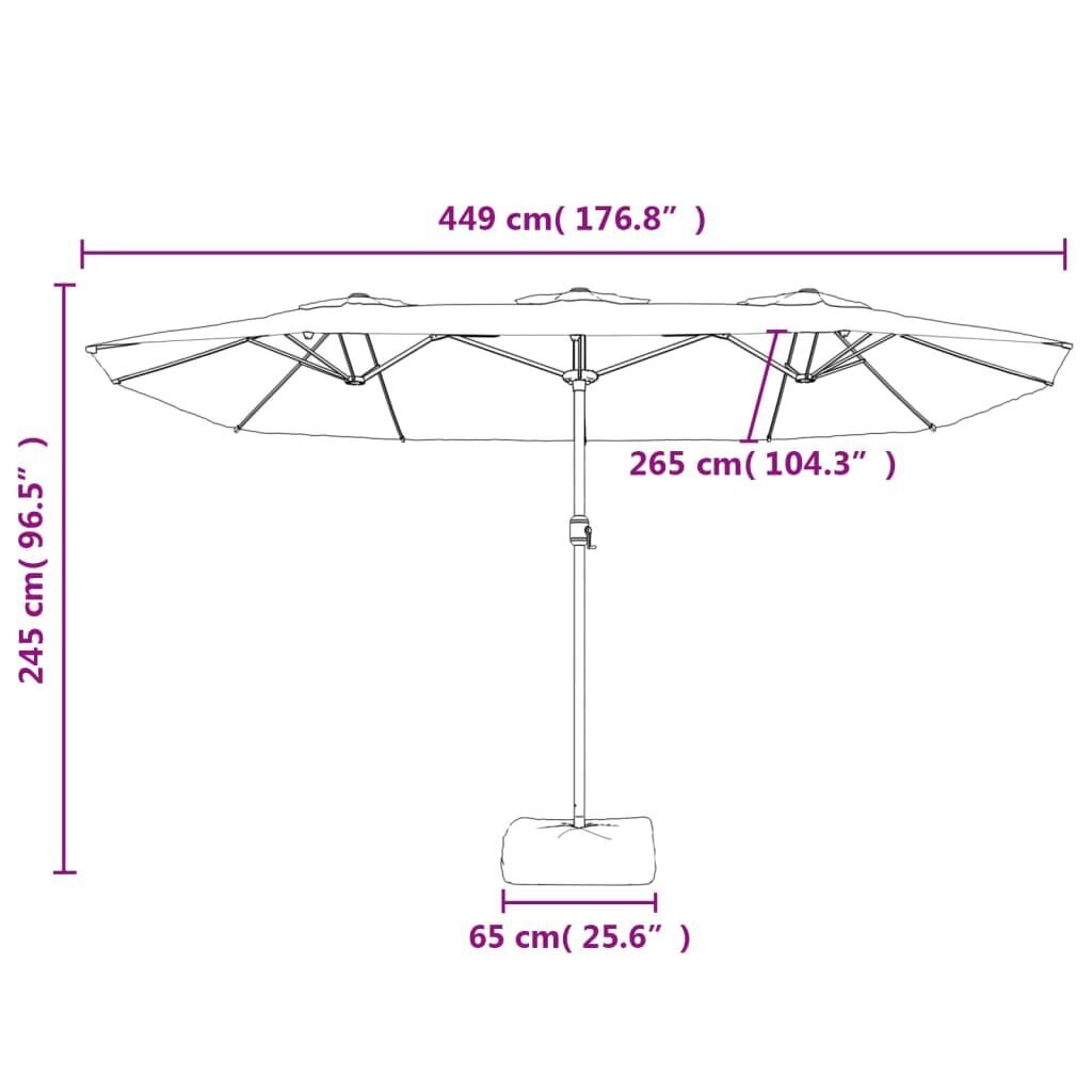 vidaXL Kaksipäinen aurinkovarjo LED-valot musta 449x245 cm hinta ja tiedot | Aurinkovarjot ja markiisit | hobbyhall.fi