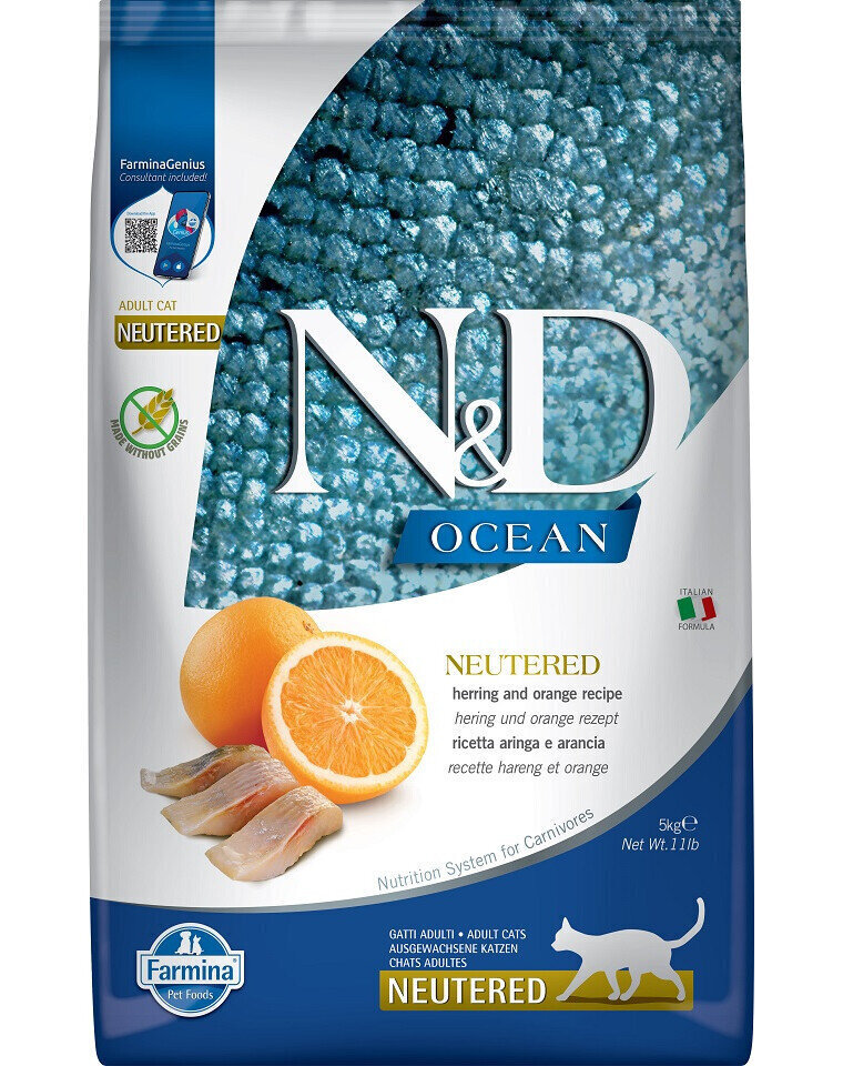 Farmina N&D Ocean Neutered kuivaruoka kissoille, silliä ja appelsiinia, 5 kg hinta ja tiedot | Kissan kuivaruoka | hobbyhall.fi