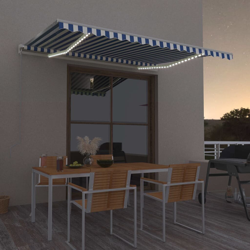 vidaXL Sisäänkelattava markiisi LEDillä 400x350 cm sinivalkoinen hinta ja tiedot | Aurinkovarjot ja markiisit | hobbyhall.fi