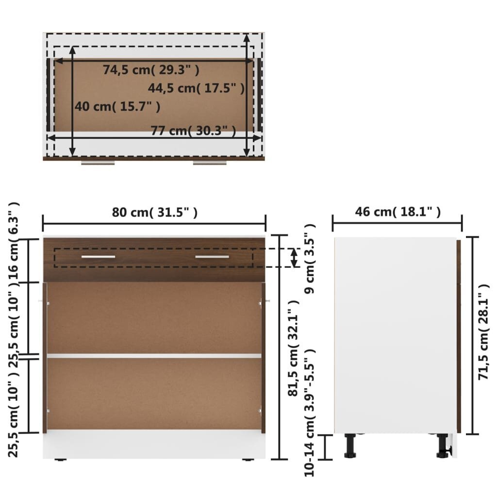 vidaXL Alakaappi laatikolla ruskea tammi 80x46x81,5 cm tekninen puu hinta ja tiedot | Keittiön kaapit | hobbyhall.fi