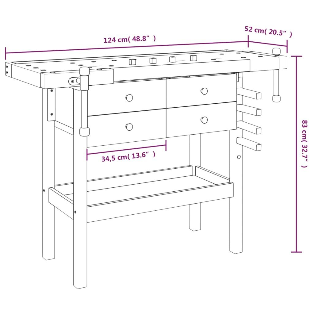 vidaXL Työpenkki ruuvipuristimilla 124x52x83 cm täysi akasiapuu hinta ja tiedot | Käsityökalut | hobbyhall.fi