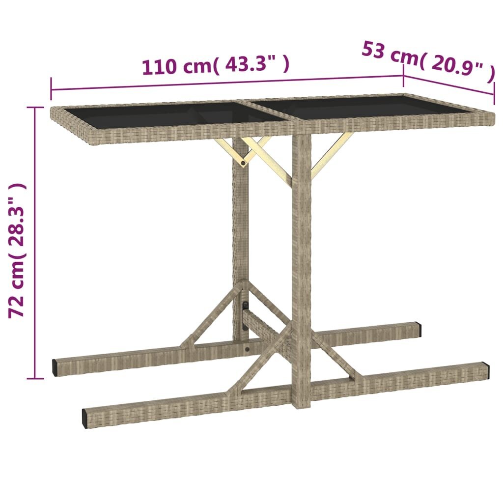 vidaXL Puutarhapöytä beige 110x53x72 cm lasi ja polyrottinki hinta ja tiedot | Puutarhapöydät | hobbyhall.fi