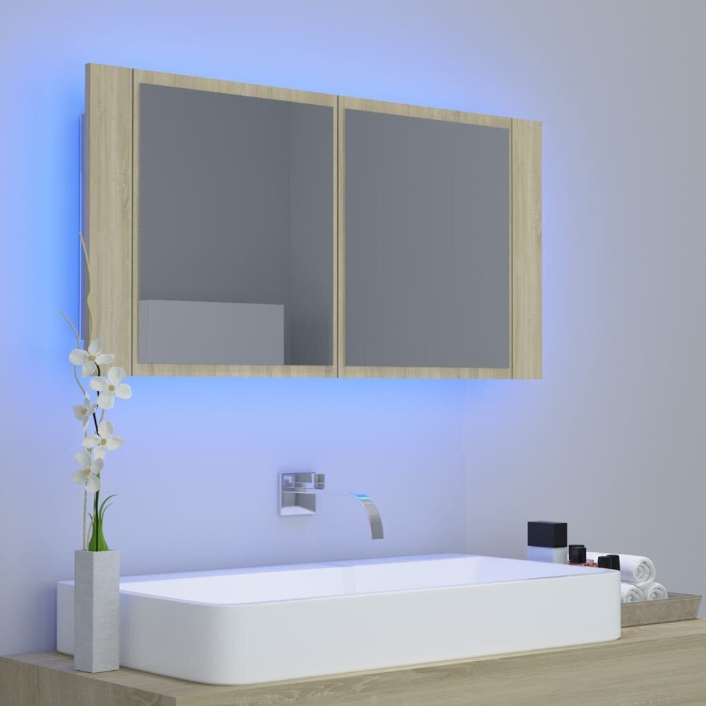 vidaXL Kylpyhuoneen LED peilikaappi Sonoma-tammi 90x12x45 cm akryyli hinta ja tiedot | Kylpyhuonekaapit | hobbyhall.fi