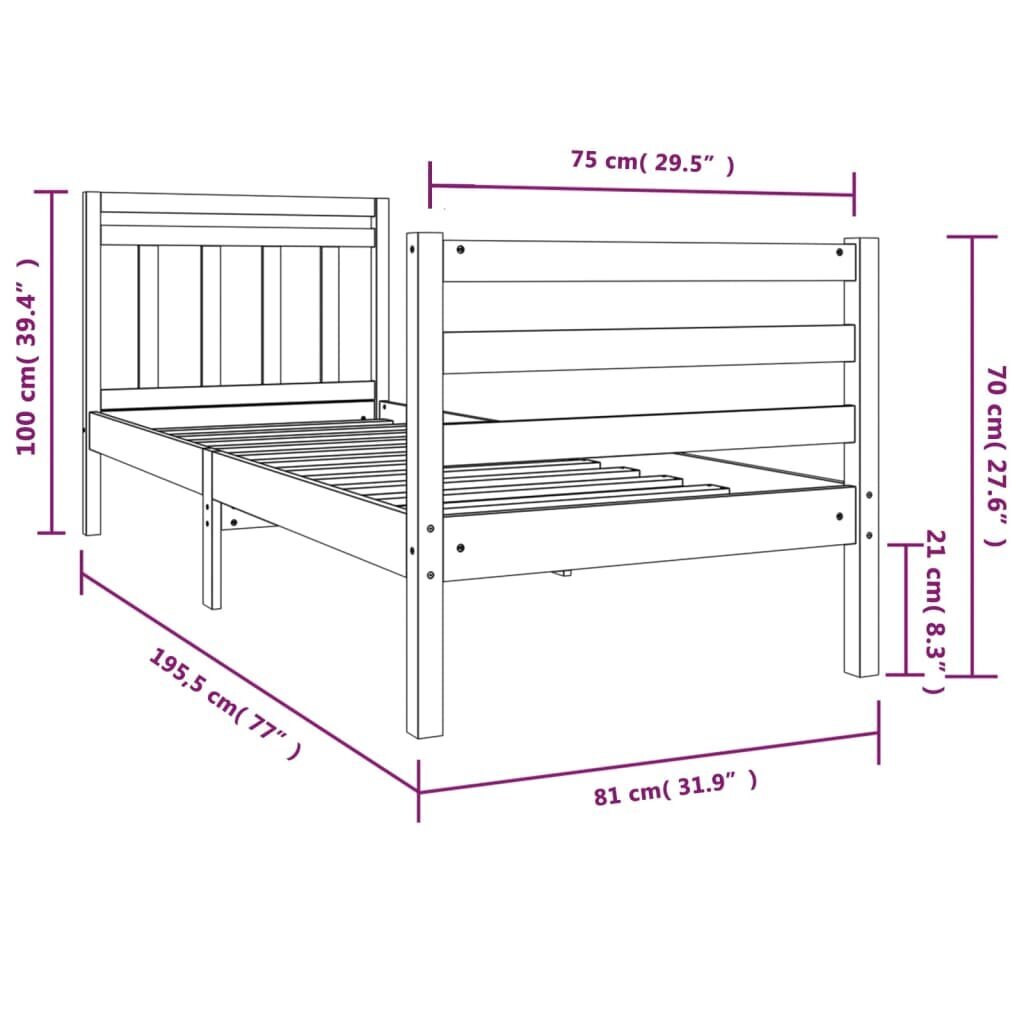 vidaXL Sängynrunko valkoinen täysi puu 75x190 cm 2FT6 Small Single hinta ja tiedot | Sängyt | hobbyhall.fi