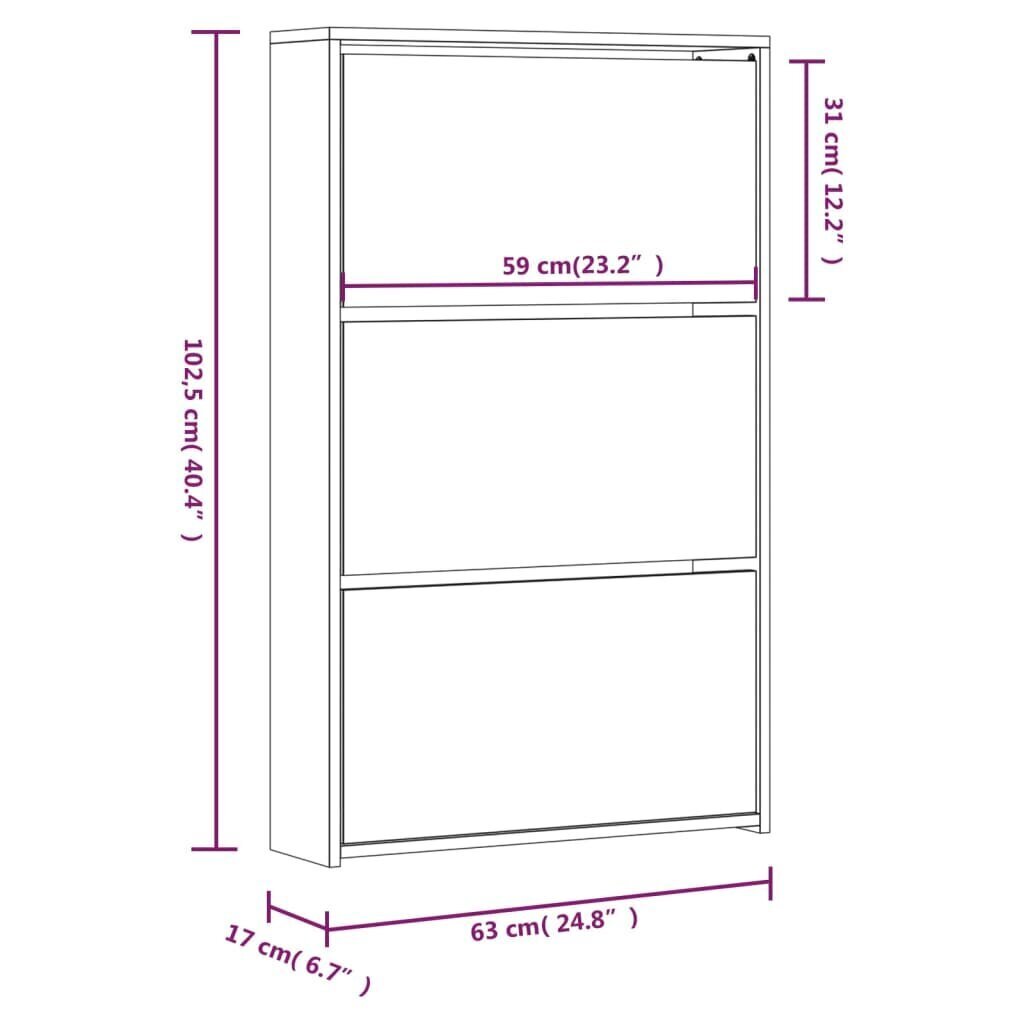 vidaXL Kenkäkaappi peilillä 3 tasoa korkeakiilto valk. 63x17x102,5 cm hinta ja tiedot | Kenkäkaapit ja -hyllyt | hobbyhall.fi