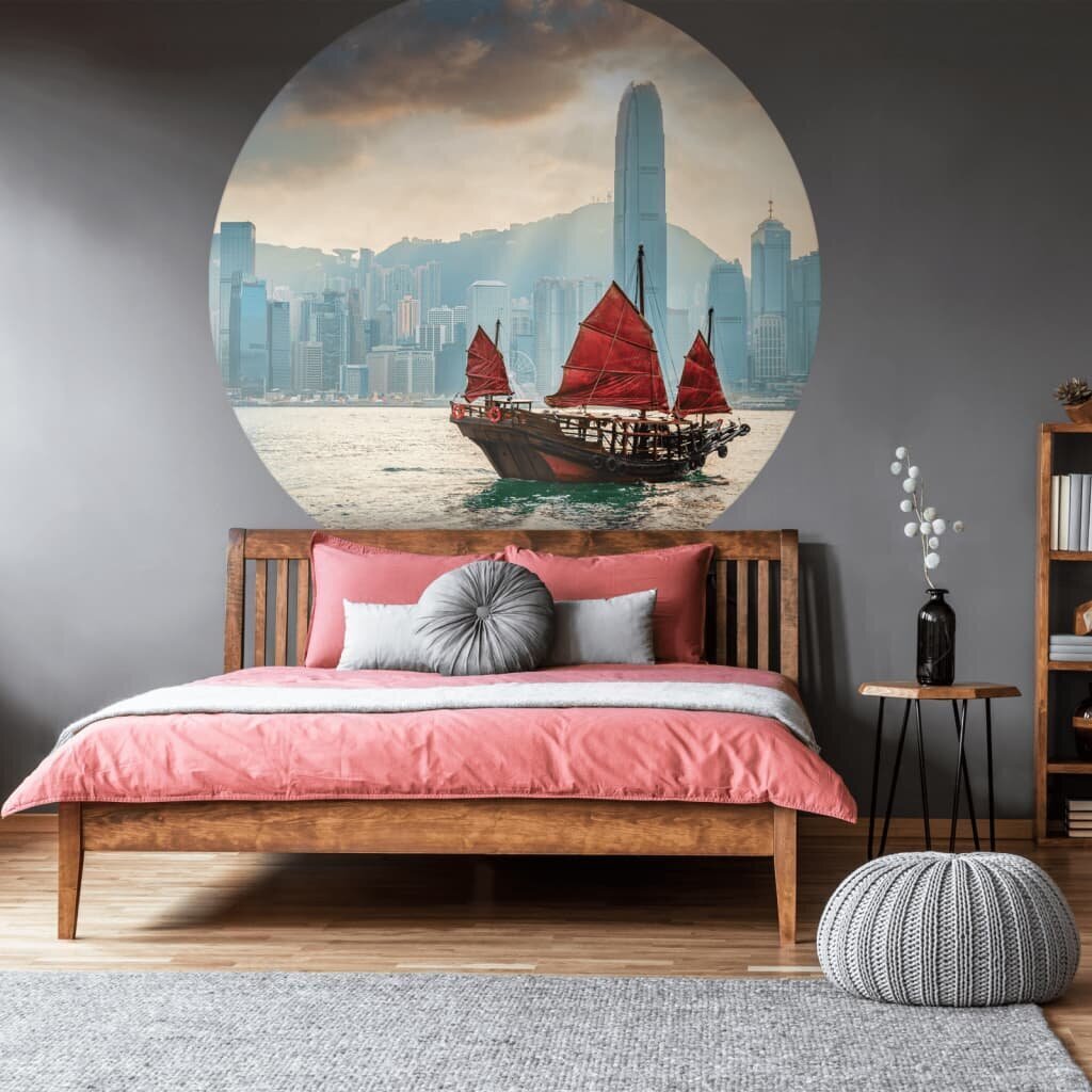 WallArt Tapetti ympyrä Skyline with Junk Boat 190 cm hinta ja tiedot | Valokuvatapetit | hobbyhall.fi