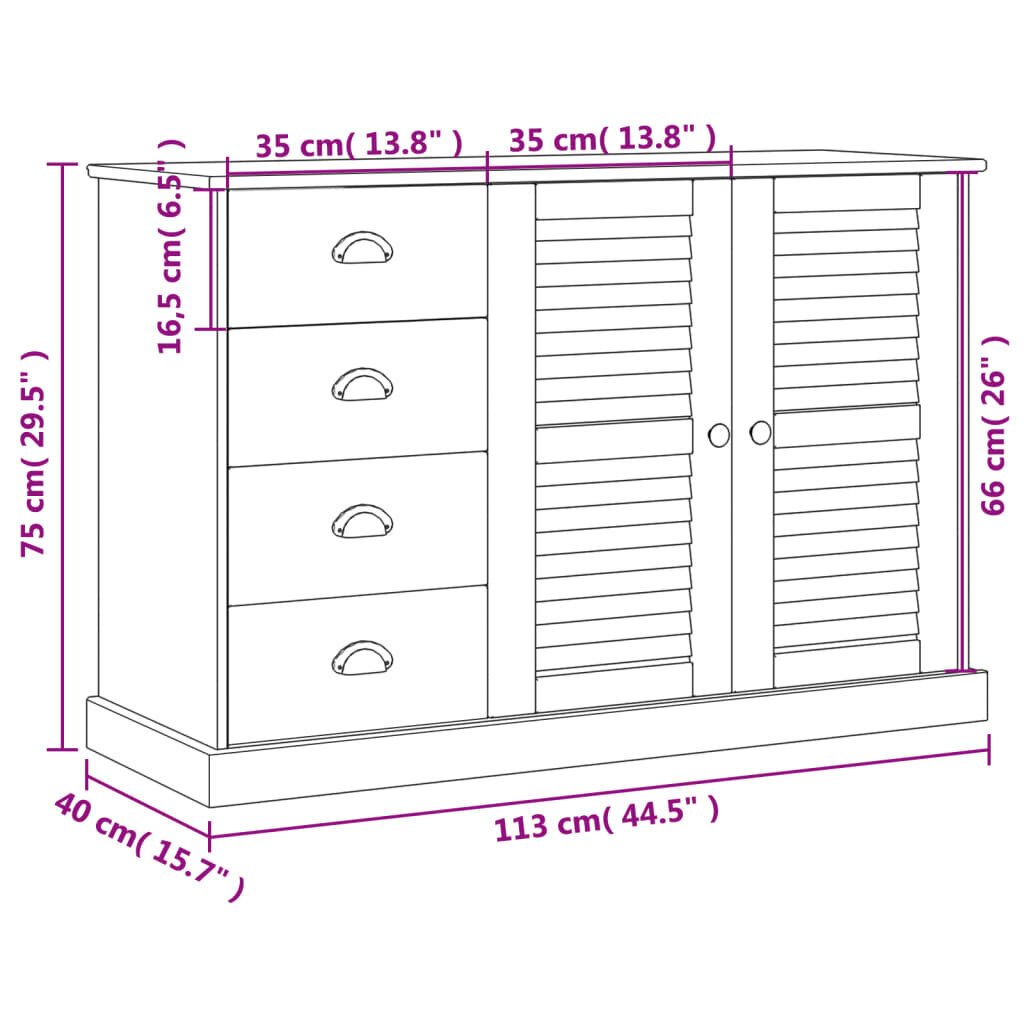 vidaXL Senkki laatikoilla VIGO 113x40x75 cm harmaa täysi mänty hinta ja tiedot | Olohuoneen kaapit ja lipastot | hobbyhall.fi