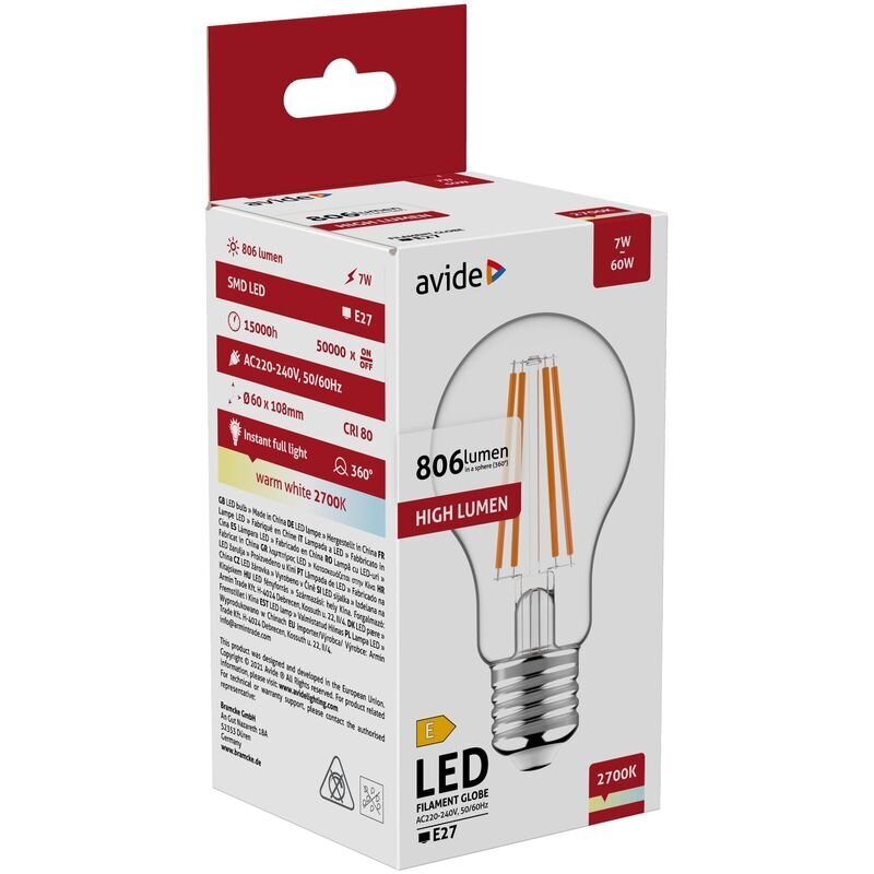 LED-lamppu Avide 7W E27 Filamentti hinta ja tiedot | Lamput | hobbyhall.fi