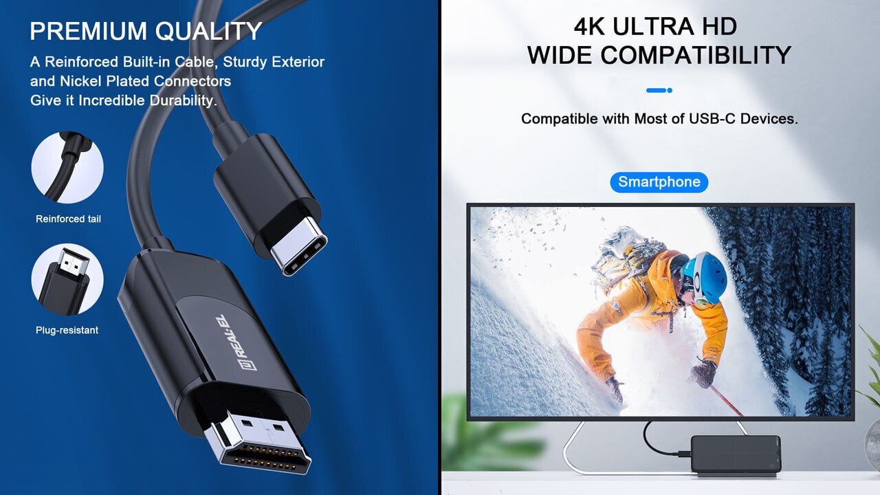 REAL-EL CHD-180 (C-tyyppi - HDMI 4K 60Hz) kaapeli hinta ja tiedot | Puhelinkaapelit | hobbyhall.fi