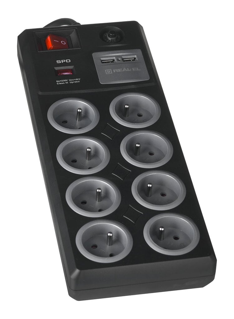 REAL-EL FRS-8F USB-lataus Virtajohto ylijännitesuojalla 2x USB 3 m Musta hinta ja tiedot | Jatkojohdot ja kaapelikelat | hobbyhall.fi