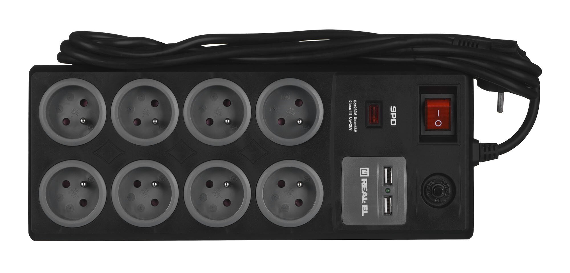 REAL-EL FRS-8F USB-lataus Virtajohto ylijännitesuojalla 2x USB 3 m Musta hinta ja tiedot | Jatkojohdot ja kaapelikelat | hobbyhall.fi