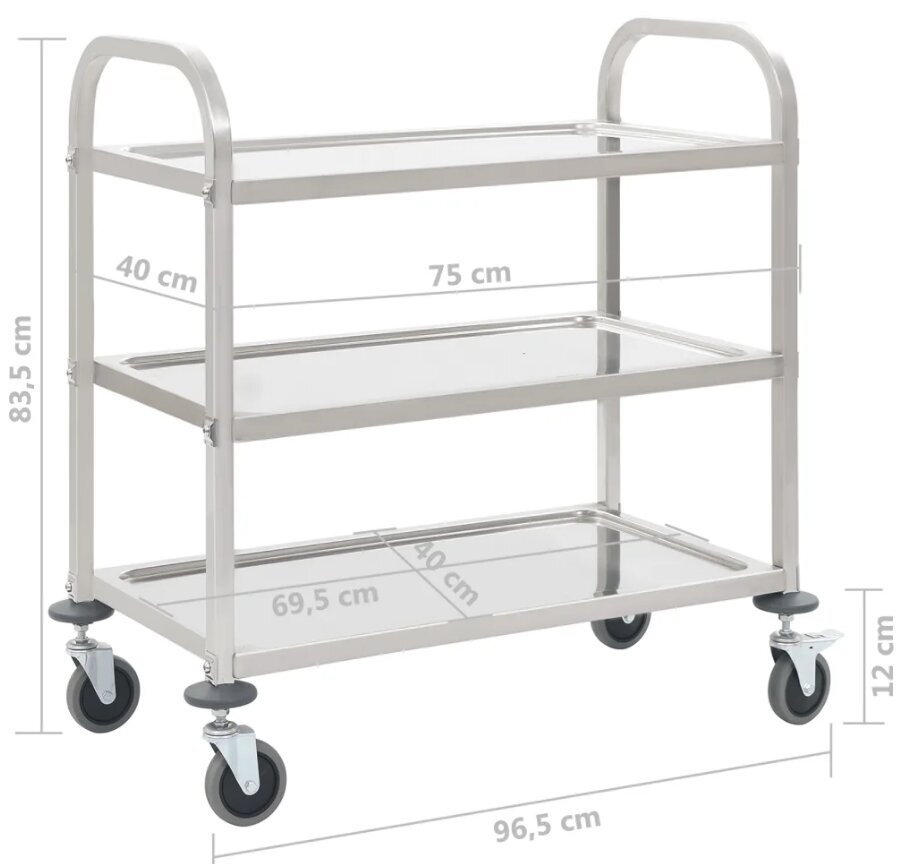 vidaXL 3-tasoinen tarjoiluvaunu 95x45x83,5 cm ruostumaton teräs hinta ja tiedot | Ruokapöydät | hobbyhall.fi