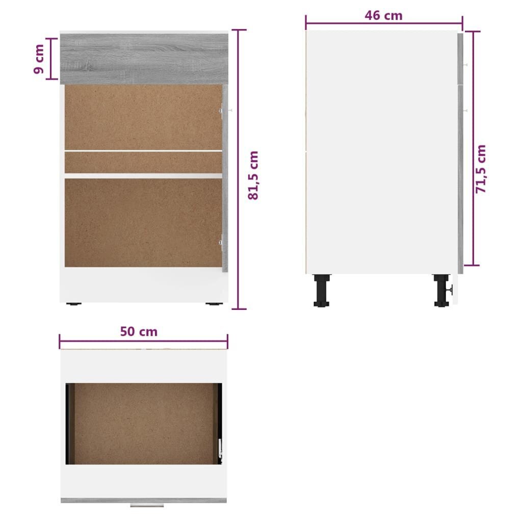 vidaXL Alakaappi laatikolla harmaa Sonoma 50x46x81,5 cm tekninen puu hinta ja tiedot | Keittiön kaapit | hobbyhall.fi