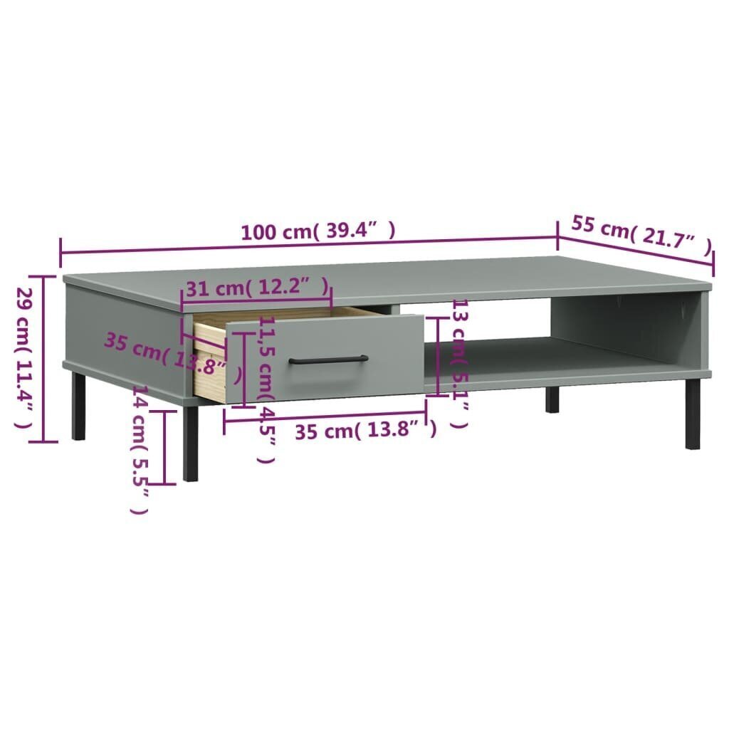 vidaXL Sohvapöytä metallijaloilla harmaa täysi mänty OSLO hinta ja tiedot | Sohvapöydät | hobbyhall.fi