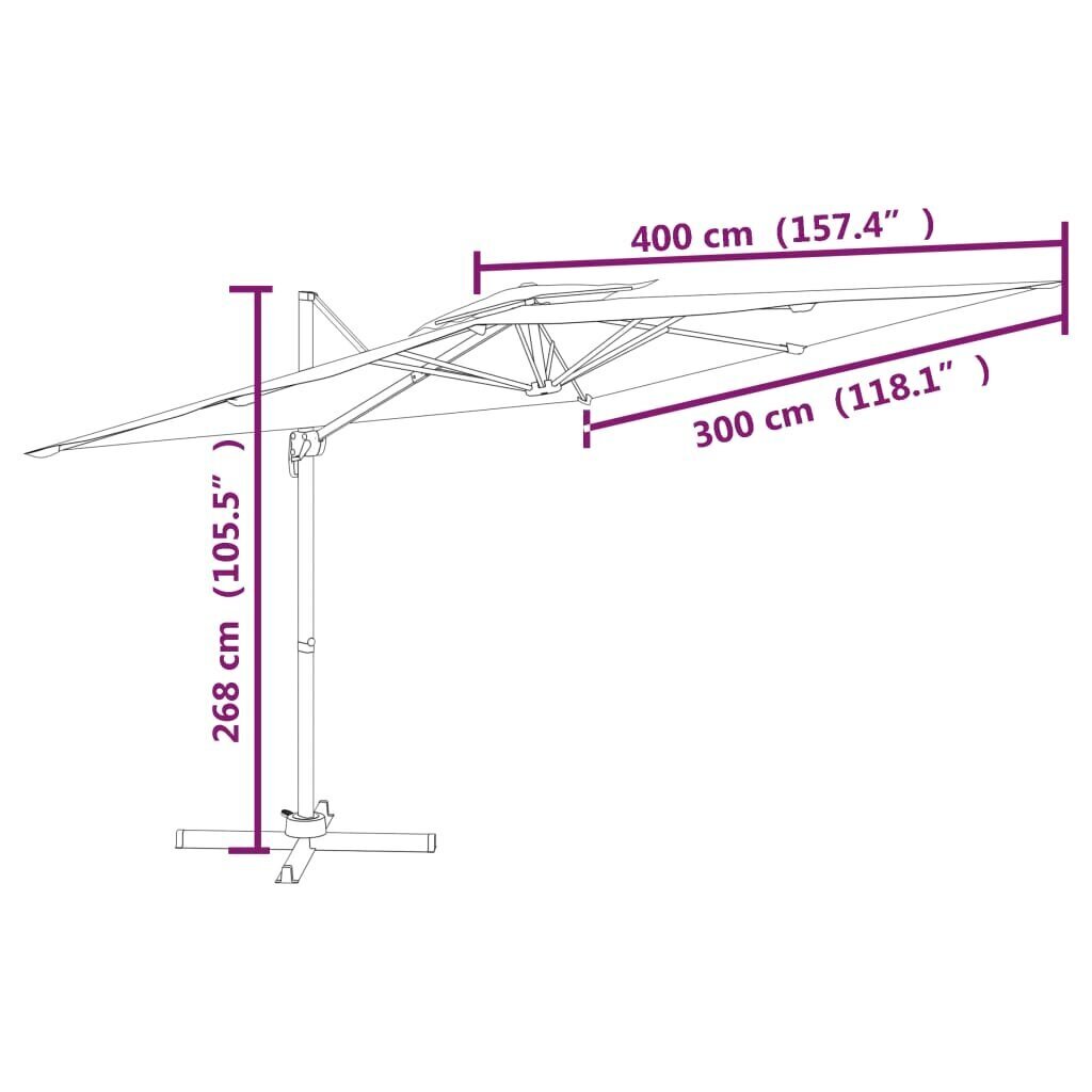 vidaXL Riippuva kaksois-aurinkovarjo hiekanvalkoinen 400x300 cm hinta ja tiedot | Aurinkovarjot ja markiisit | hobbyhall.fi