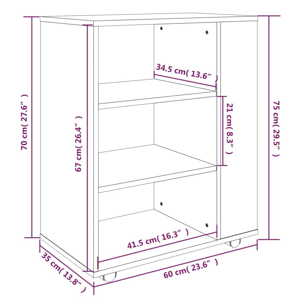 vidaXL Kaappi pyörillä ruskea tammi 60x35x75 cm hinta ja tiedot | Olohuoneen kaapit ja lipastot | hobbyhall.fi