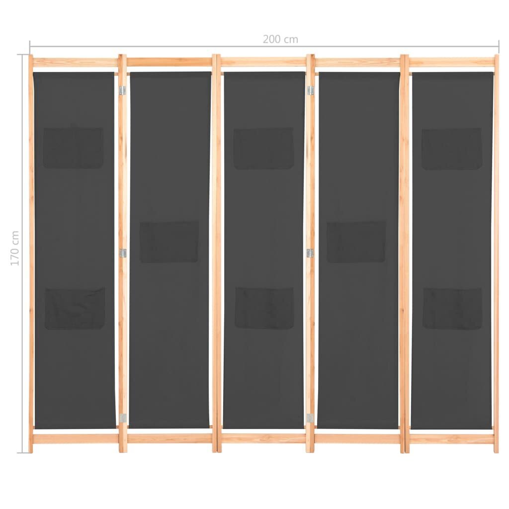 vidaXL 5-Paneelinen Tilanjakaja harmaa 200x170x4 cm kangas hinta ja tiedot | Sermit ja tilanjakajat | hobbyhall.fi