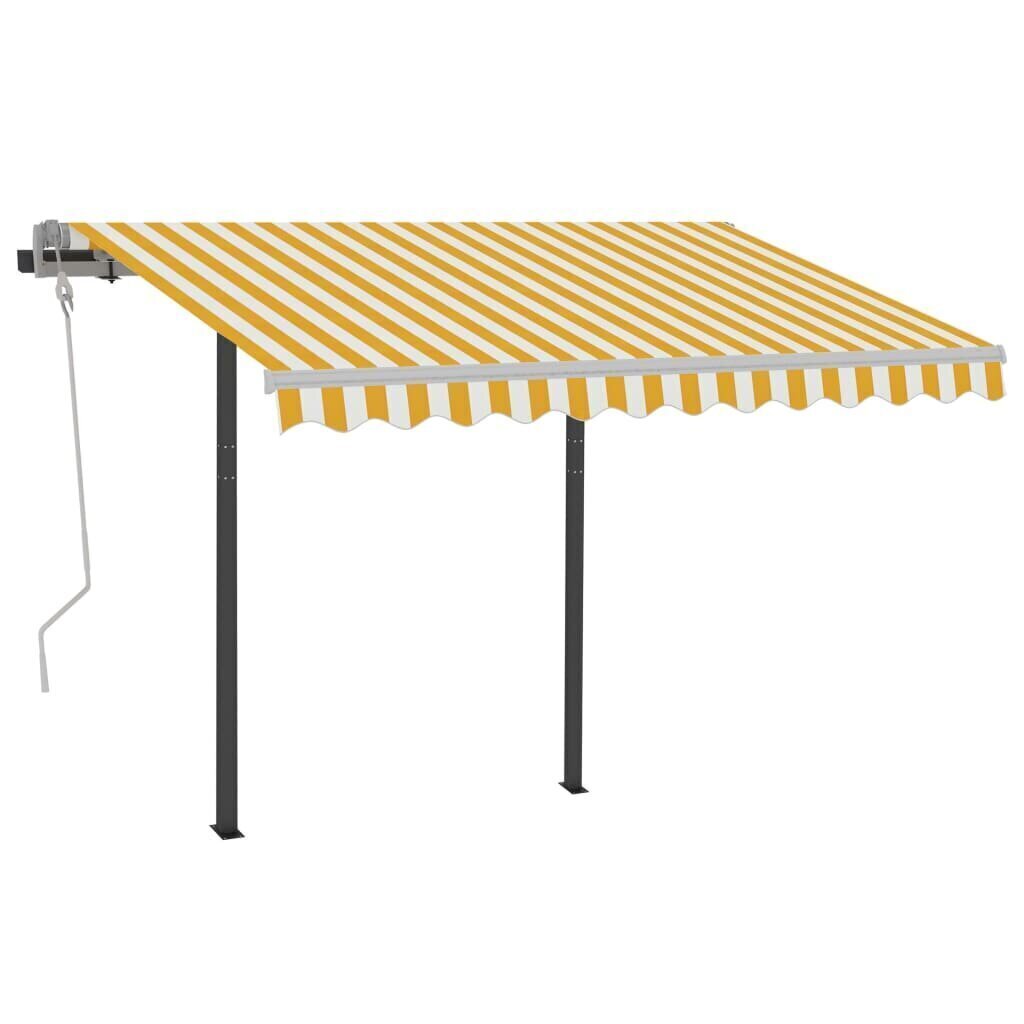 vidaXL Käsin sisäänkelattava markiisi tolpilla 3x2,5 m keltavalkoinen hinta ja tiedot | Aurinkovarjot ja markiisit | hobbyhall.fi