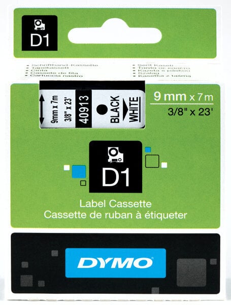 Dymo värinauhakasetti, 40913, s0720680, musta tulostus/valkoinen pohja, 7 m, 9 mm, d1 hinta ja tiedot | Tulostustarvikkeet | hobbyhall.fi