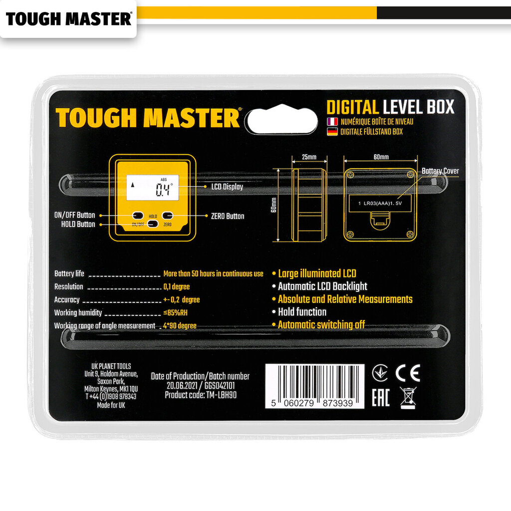 Digitaalinen astemitta Magneettinen Tough Master® TM-LBH90 hinta ja tiedot | Käsityökalut | hobbyhall.fi