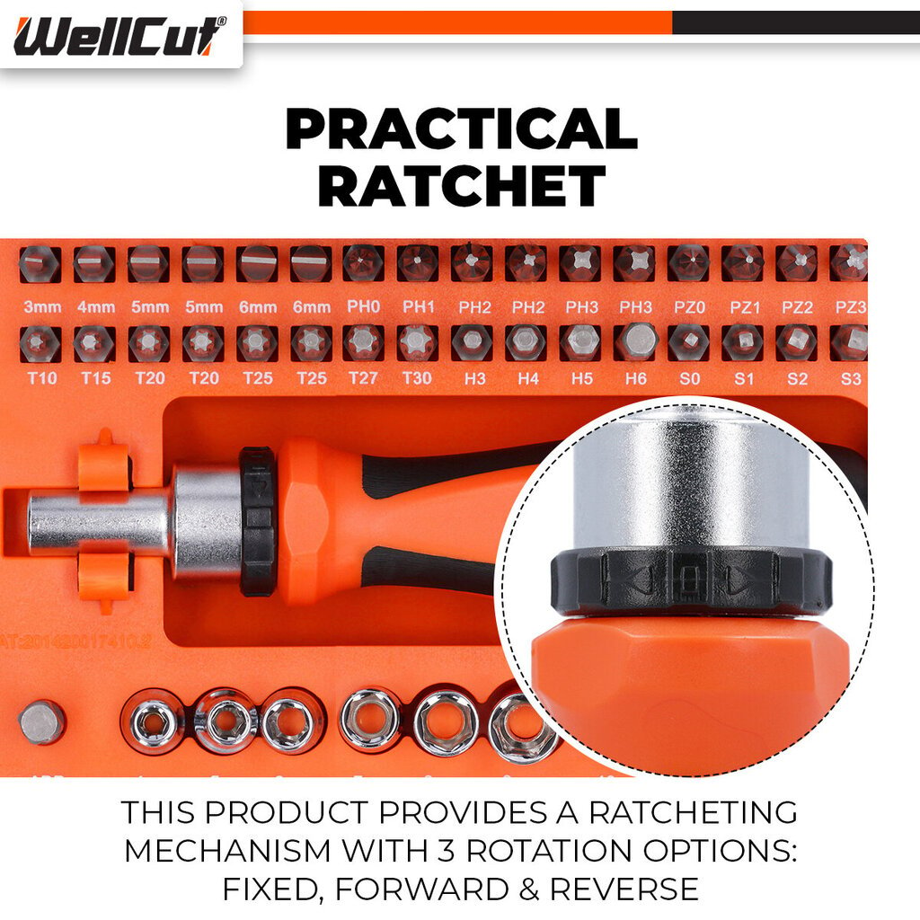 Ruuvimeisselin, kärkien ja liittimien sarja 44 kpl WellCut® WC-RSD44 hinta ja tiedot | Käsityökalut | hobbyhall.fi