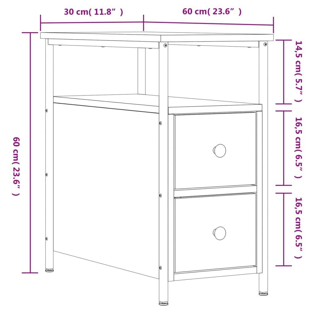 vidaXL Yöpöytä harmaa Sonoma 30x60x60 cm tekninen puu hinta ja tiedot | Yöpöydät | hobbyhall.fi