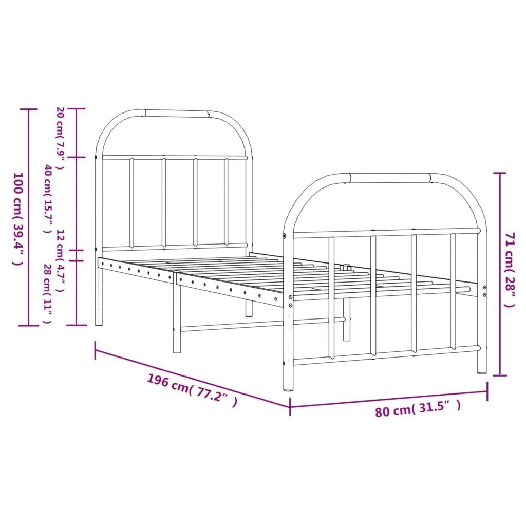 vidaXL Metallinen sängynrunko päädyillä valkoinen 75x190 cm hinta ja tiedot | Sängyt | hobbyhall.fi