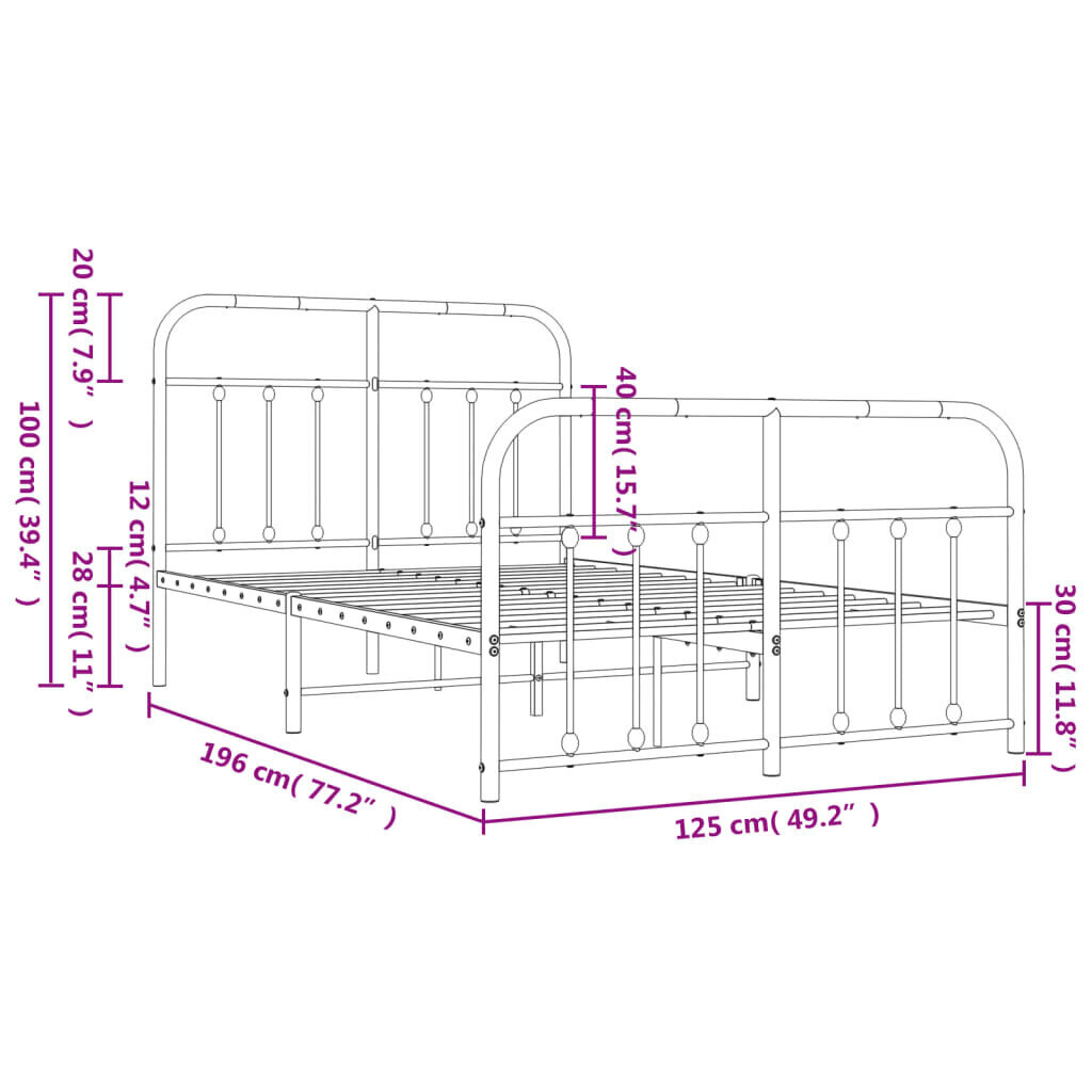 vidaXL Metallinen sängynrunko päädyillä valkoinen 120x190 cm hinta ja tiedot | Sängyt | hobbyhall.fi