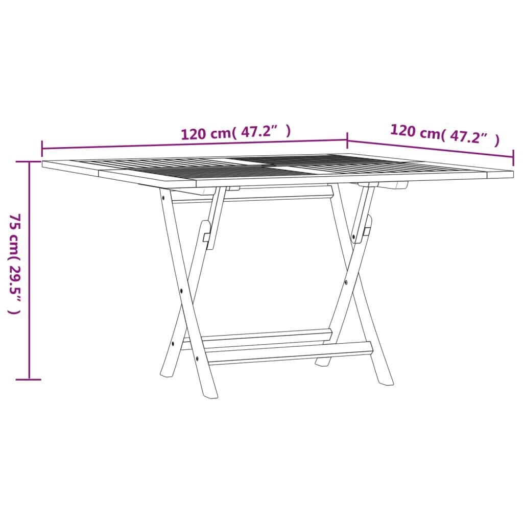 vidaXL Kokoontaitettava puutarhapöytä 120x120x75 cm täysi tiikki hinta ja tiedot | Puutarhapöydät | hobbyhall.fi