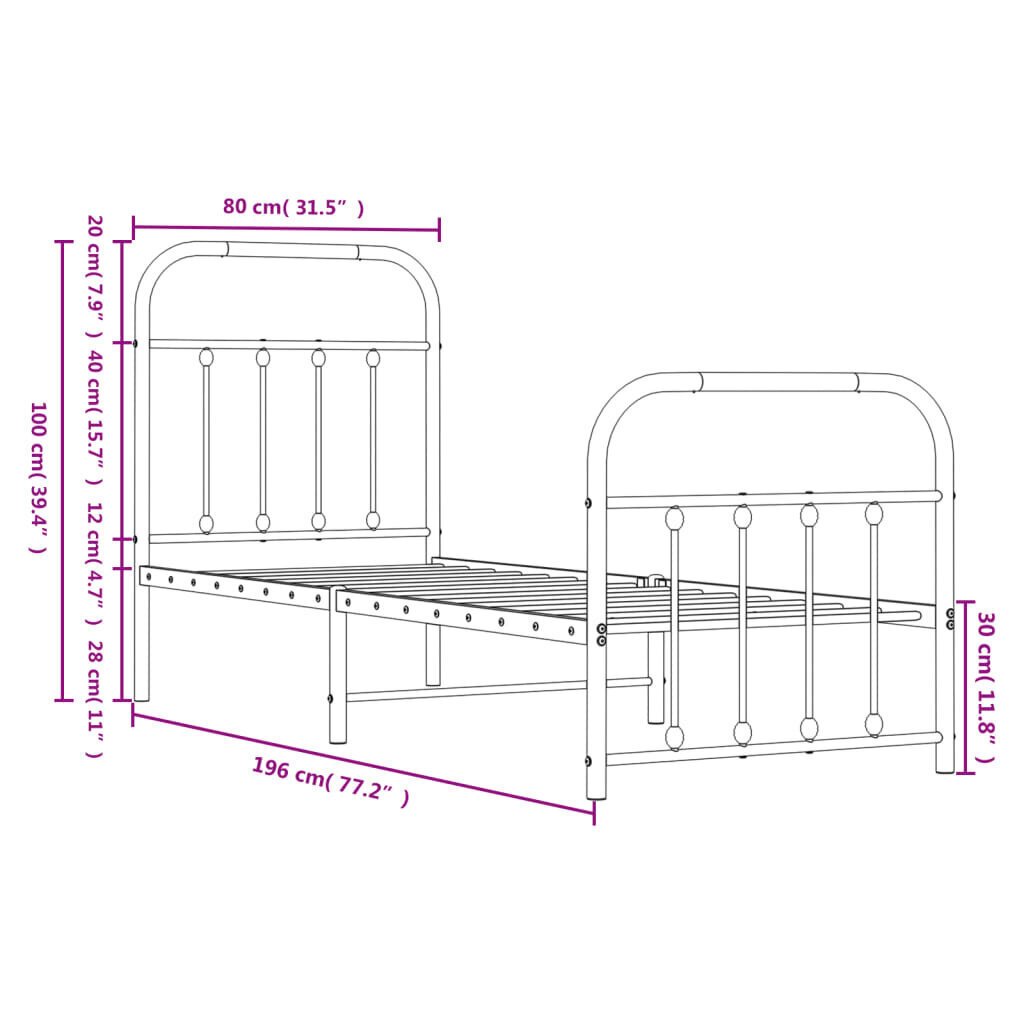 vidaXL Metallinen sängynrunko päädyillä valkoinen 75x190 cm hinta ja tiedot | Sängyt | hobbyhall.fi