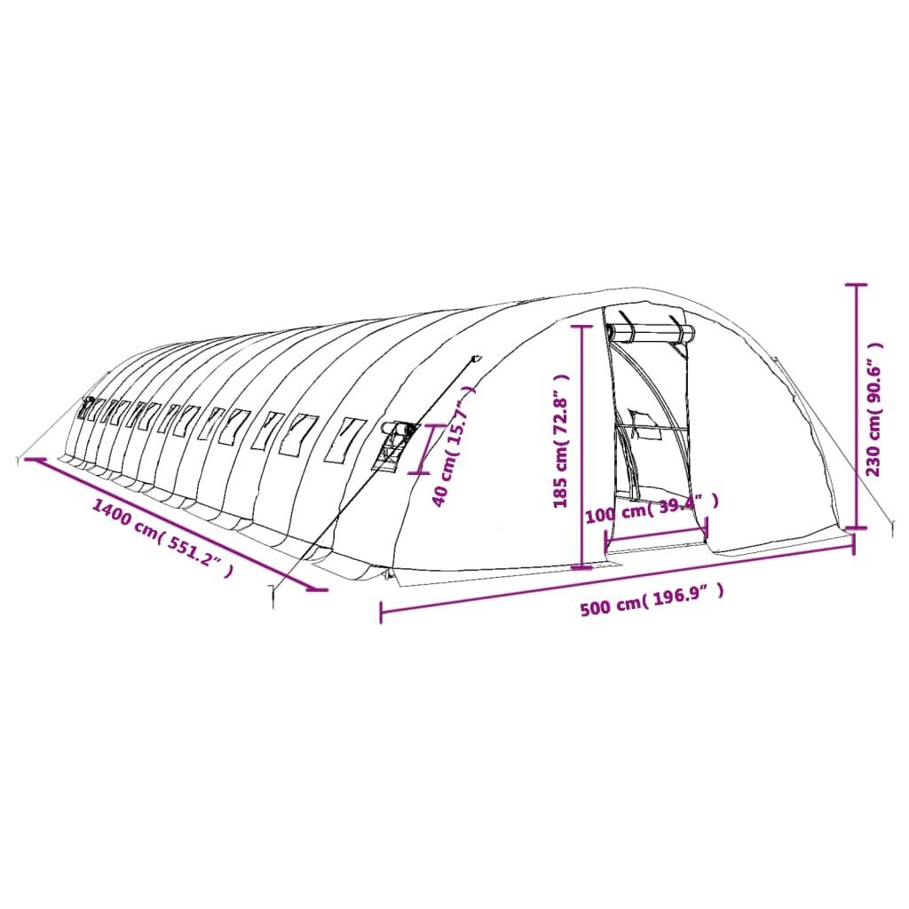 vidaXL Kasvihuone teräsrungolla vihreä 70 m² 14x5x2,3 m hinta ja tiedot | Kasvihuoneet | hobbyhall.fi