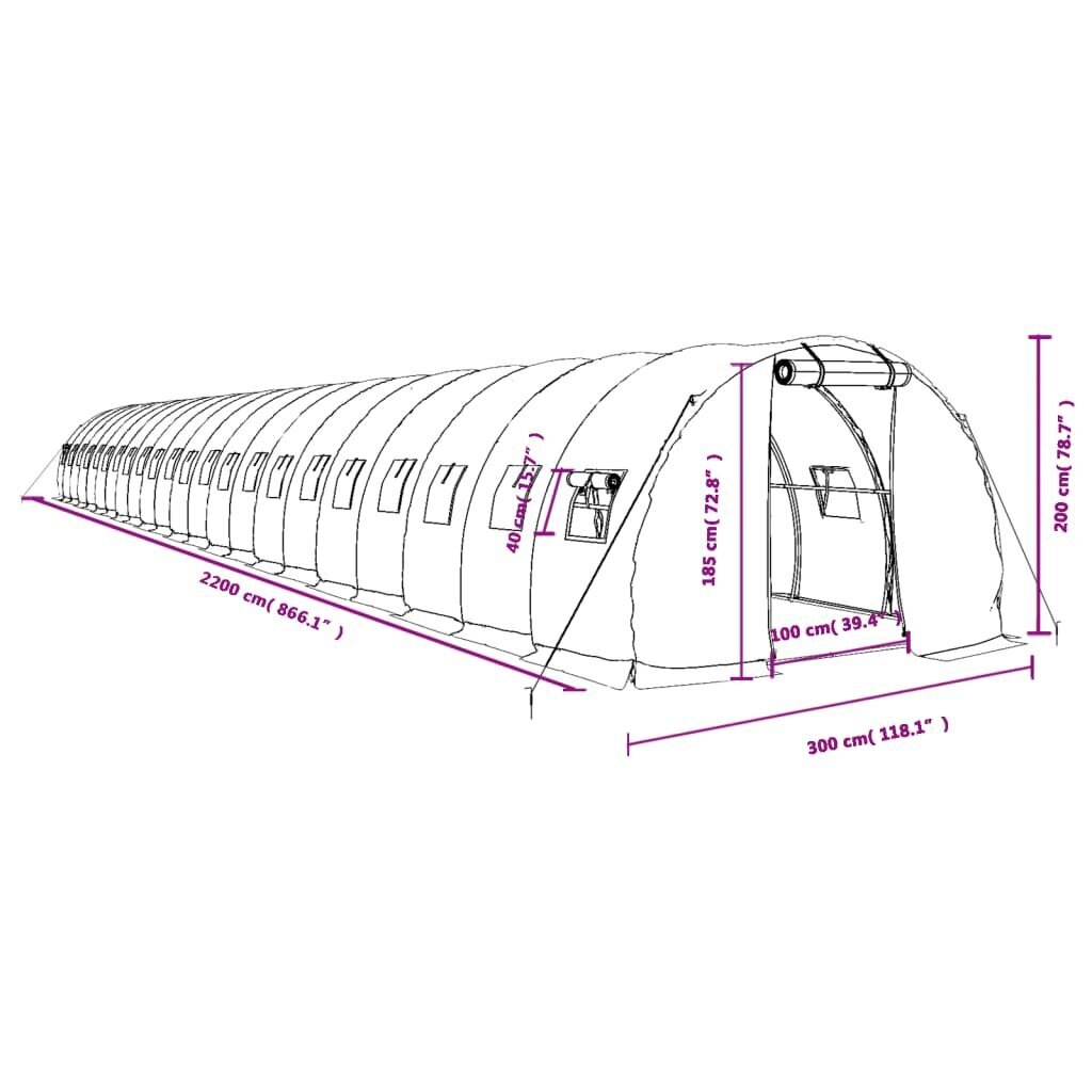 vidaXL Kasvihuone teräsrungolla vihreä 66 m² 22x3x2 m hinta ja tiedot | Kasvihuoneet | hobbyhall.fi